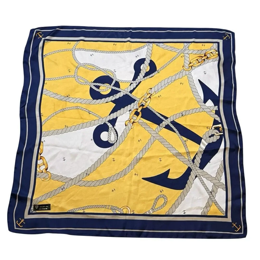 Nautical Anchor Rope Chain 100% Silk Square Scarf Navy Yellow White Classic 27”